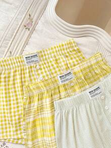 Napfluff Bộ 3 món quần pajama kẻ caro rộng rãi, thân thiện với da dành cho nữ, thích hợp mặc ở nhà. - Màu vàng - Xem 5