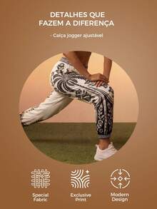 CAJUNI Women's Bohemian Floral Print Elastic Waist Drawstring Fashion Sweatpants - Black and White - View 3