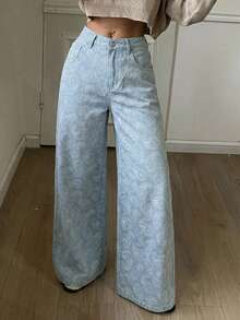 DAZY Floral Jacquard Fabric Loose Wide Leg Pants, Casual Vacation Summer Women Jeans - Blue - View 4