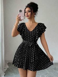 Elenzga Gaun Liburan Elegan dan Romantis untuk Wanita dengan Kerah V Berkerut dan Pinggang Ramping, Model A-Line Motif Polkadot - MultiWarna - View 6