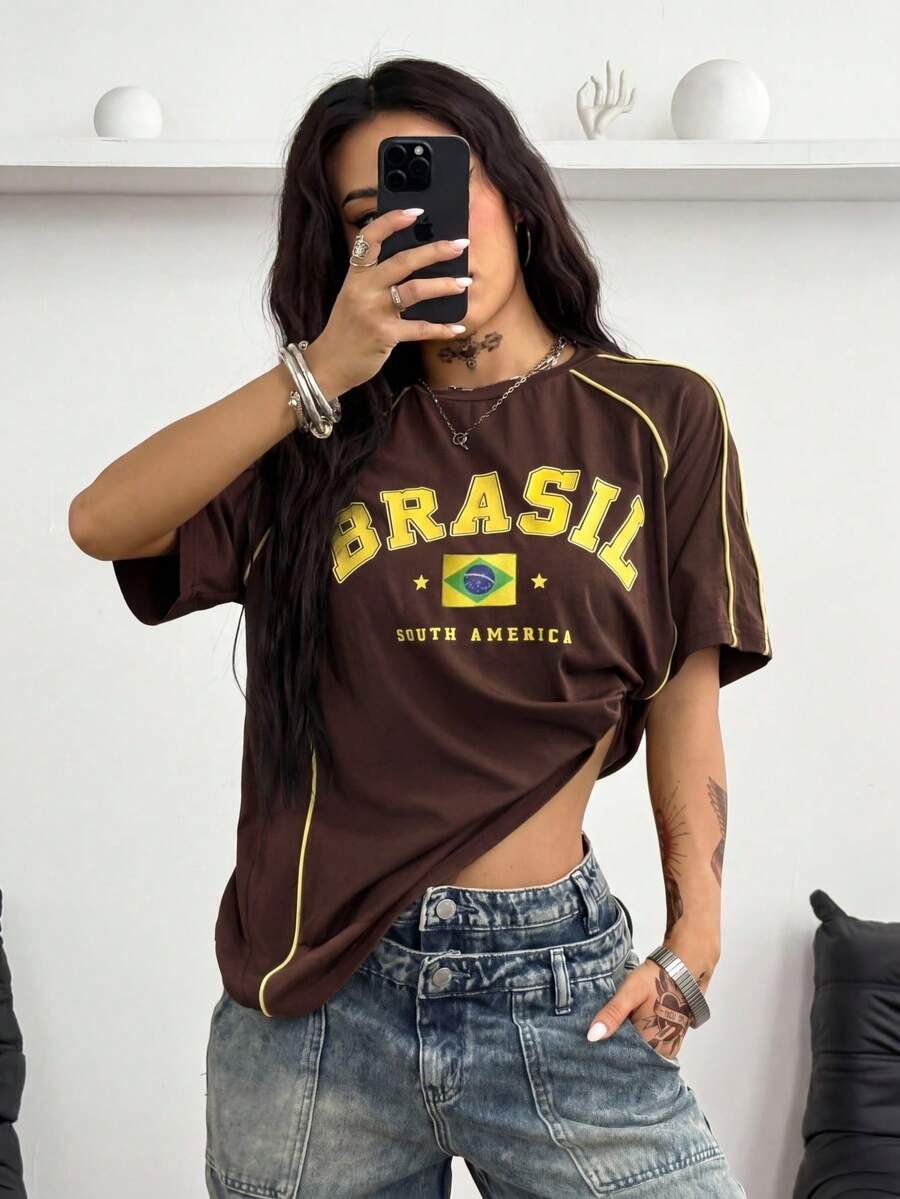 Coolane Women's & Men's Summer Streetwear Casual Y2K Cool Event Letter Brazil Printed Color-Blocked Short Sleeve Brown Banded Texture Decoration T-Shirt,Summer Top - Coffee Brown - View 1