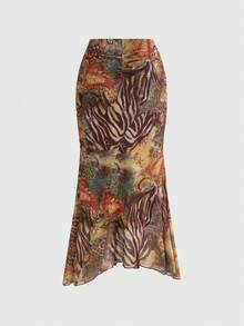 ROMWE Chân váy chữ A nữ phong cách retro boho hippie vạt bất đối xứng in họa tiết paisley. - Nhiều màu - Xem 2