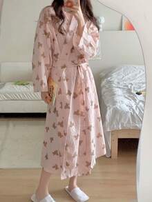 1-Piece Women's Spring/Autumn Korean Style Simple Comfort Bathrobe Pajamas Loose Casual Homewear Quick Absorbent Bathrobe Suitable For Hot Spring Couple Bathrobes - Pink bear - View 3