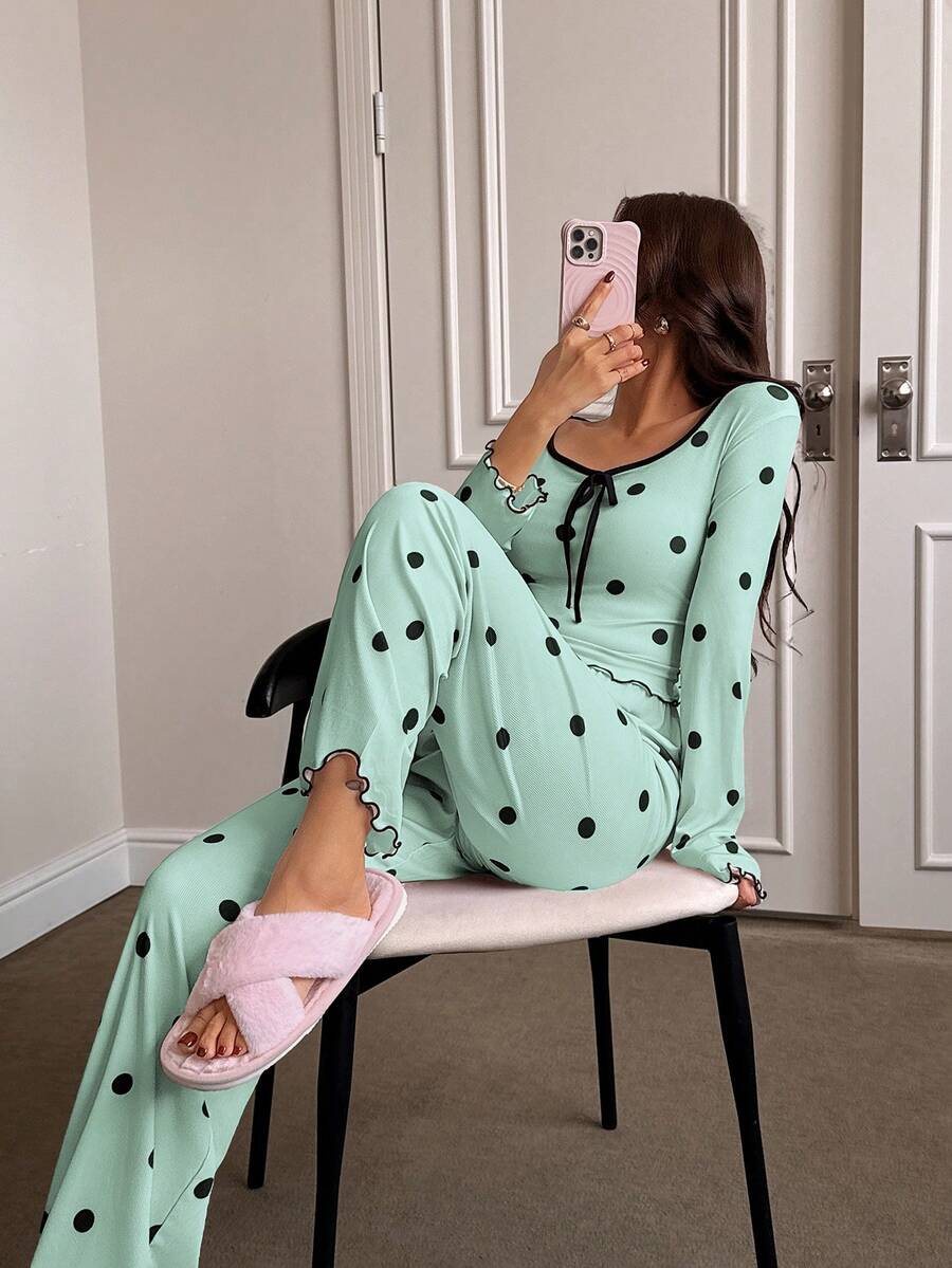 Napfluff Bộ đồ ngủ nữ dài tay và quần in họa tiết chấm bi, kiểu dáng thường ngày. - màu xanh lá - Xem 1
