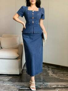 DAZY Women's Elegant Fitted Short Sleeve Top And Long Skirt Denim Suit, Spring & Summer - Blue - View 10