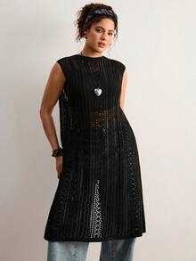 Freevana 法式镂空吊带连衣裙，轻薄针织外套，夏季薄款外衣，独特设计 - 黑色 - 查看 4