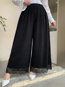 Dazy Plus Celana Panjang/Culottes Ukuran Besar Warna Polos dengan Potongan Lebar, Cocok untuk Semua Musim - Hitam - View 4