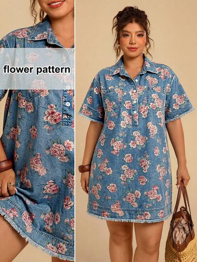 Travachic 大码女式碎花休闲派对牛仔连衣裙