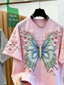 女士圆领花卉蝴蝶刺绣休闲百搭日常T恤 - 彩色 - 查看 6