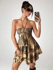 SHEIN ICON Đầm ngắn cổ yếm in họa tiết tối giản dành cho nữ - Nhiều màu - Xem 11