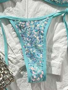 Swim Vcay Bộ bikini 2 món gợi cảm, áo quây cổ yếm bằng vải đính sequin và quần bikini dây buộc bên hông, thích hợp cho kỳ nghỉ biển mùa xuân/hè. - Màu xanh Bạc hà - Xem 4