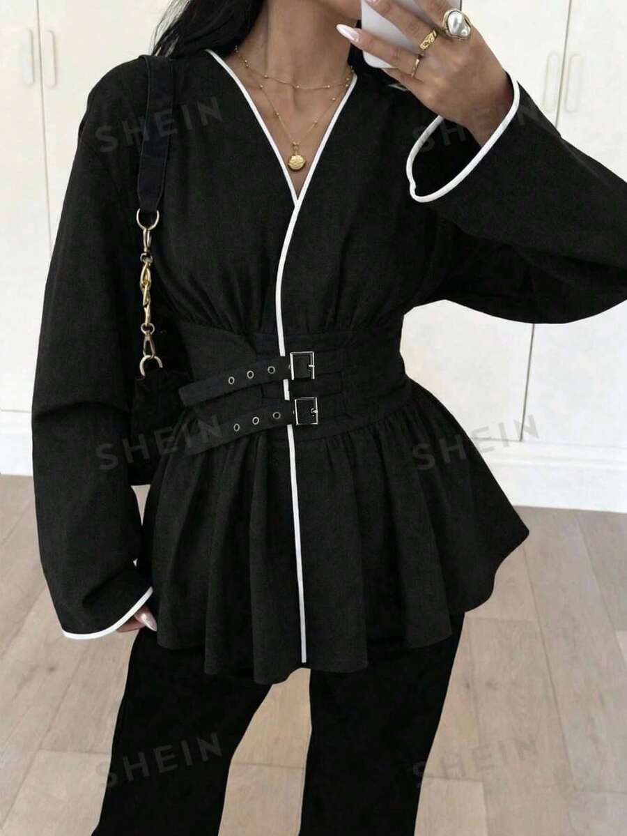 Siren Gaze Women's Cotton Contrast Trim Waist Shirt, Autumn/Winter New Arrival Black Top With White Trim Spring Casual Elegant - Black - View 1
