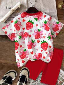 Bộ đồ đôi nữ tuổi teen dễ thương, ngọt ngào, họa tiết trái cây chấm bi, dâu tây, hoa, trái tim, phong cách nghỉ mát, màu đỏ retro, gồm áo thun ngắn tay và quần short, thích hợp cho mùa hè. - Nhiều màu - Xem 3