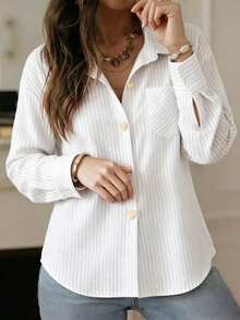 Blusa romántica de San Valentín con cuello de camisa, manga larga y decoración de corazón dorado, elegante y de moda para uso diario en color rojo rosado - Blanco - Ver 4