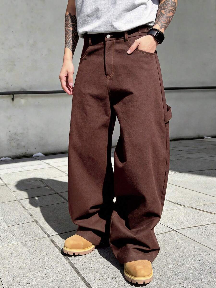 SLATEMANN Men's Brown Loose Casual Pants, Adjustable Waist Design - Rust Brown - View 1
