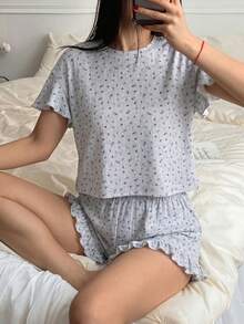DAZY 2件套甜美碎花荷叶边短袖短裤睡衣套装，女士夏季 - 灰色 - 查看 6