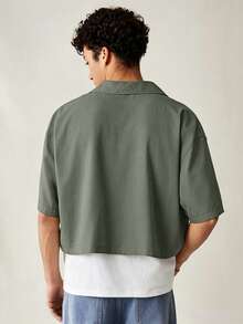 SWAVVY Men's Woven Casual Loose Solid Color Short Sleeve Shirt - Green - View 2