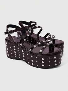 ROMWE Grunge Punk Giày sandal đế cao, gót đính kim tuyến, khóa cài nhọn dành cho nữ. - Màu Đỏ Sâu - Xem 2