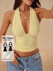 SHEIN BAE Petite Women's Fashionable Minimalist Halter Neck Backless Camisole For Summer - Light Yellow - View 1