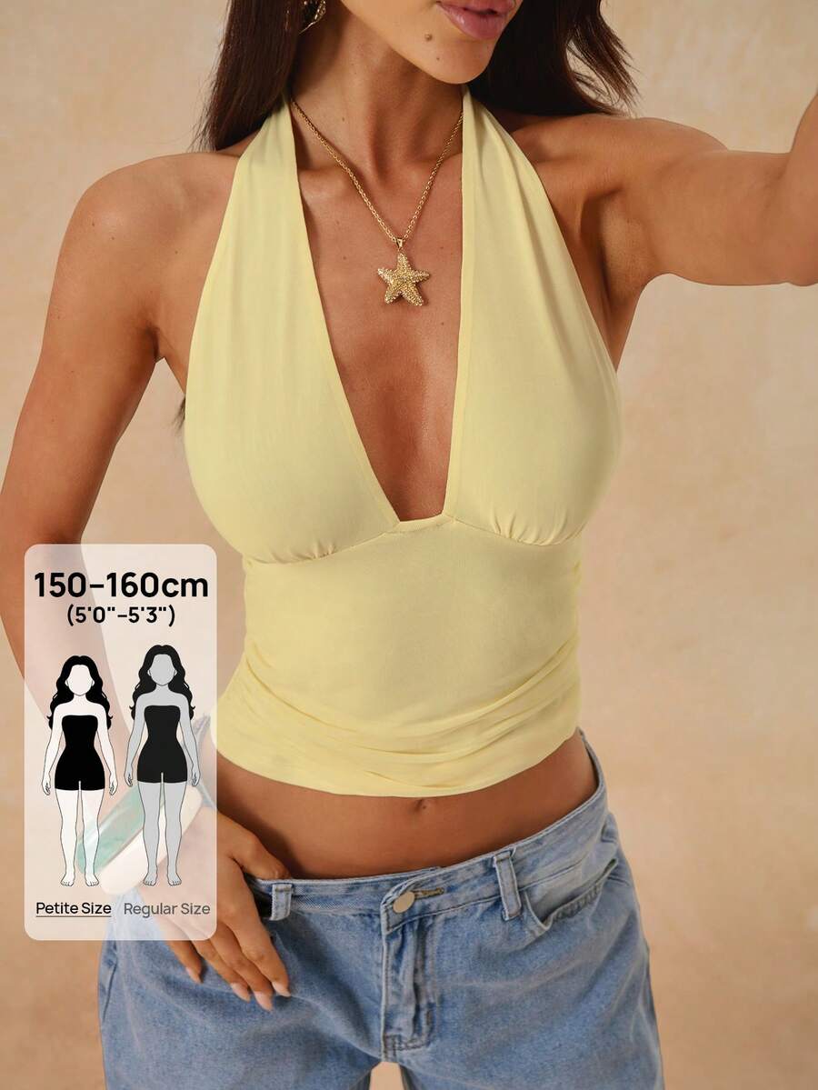 SHEIN BAE Petite Women's Fashionable Minimalist Halter Neck Backless Camisole For Summer - Light Yellow - View 1