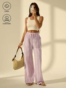 SHEIN Tall Women's Holiday Casual Striped Wide Leg Pants Pink Striped Pants, Tall Women - Multicolor - View 10