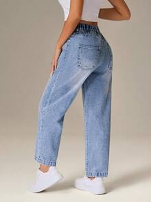 SHEIN PETITE 女士浅蓝色休闲高腰带环日常百搭牛仔裤 - 藍色 - 查看 2