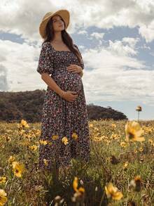 Boho Mama Maternity Black Summer Casual Floral Print Puff Sleeve Bohemian Style Dress,Holiday Photoshoot Pregnancy Outfits,Bump Friendly Breastfeeding Dresses - Red - View 1