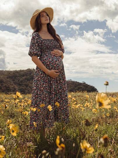 Boho Mama 孕妇碎花褶皱短袖连衣裙