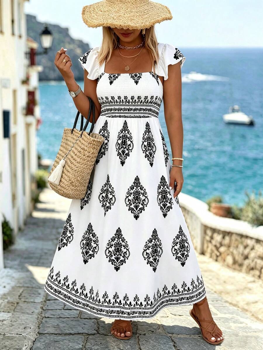 Breezaya Đầm nữ cỡ lớn in họa tiết retro, kiểu dáng bohemian, thanh lịch, lãng mạn, thích hợp cho kỳ nghỉ hoặc đi biển. - Màu be - Xem 1
