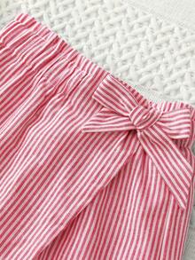 SHEIN Quần culottes sọc thắt nơ cho bé gái tuổi teen - Đỏ - Xem 4