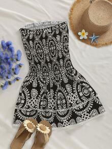 Elamini Navy Blue Strapless Dress With Ruched Waist, Hollow Embroidery, Ruffle Hem, Bohemian Style, Versatile A-Line Short Dress - Black - View 2