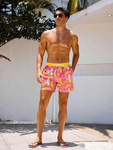 Manfinity Swimmode 男士香蕉印花沙滩短裤 - 玫紅色 - 查看 4