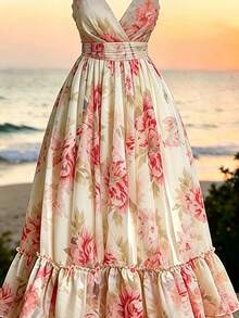 Franclia Women's V-Neck Criss-Cross Hem Patchwork Floral Print Sleeveless Summer Vacation Dress Golf White Sexy - Multicolor - View 6