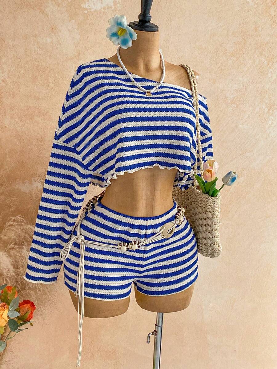 Soleia Conjunto de 2 piezas de mujer con mangas largas, cuello asimétrico y rayas sueltas, para el verano - Multicolor - Ver 1