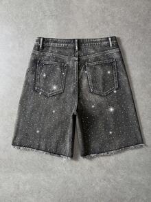 ROMWE MEN 男士印花毛边牛仔短裤 - 黑色 - 查看 2