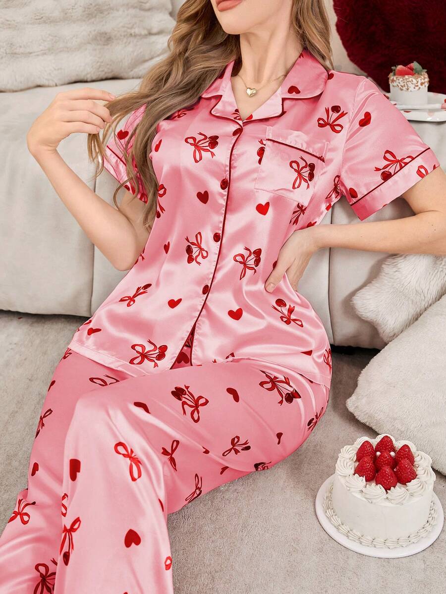 蝴蝶结樱桃印花翻领开衫仿丝绸女士睡衣套装 - 紅色 - 查看 1