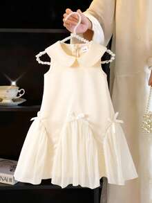 Elladie kids 1 chiếc đầm không tay dáng chữ A phối lưới, cổ Peter Pan và nơ cho bé gái, thích hợp cho các buổi gặp gỡ hàng ngày, lễ hội và các dịp kỷ niệm, đầm công chúa. - Màu be - Xem 3