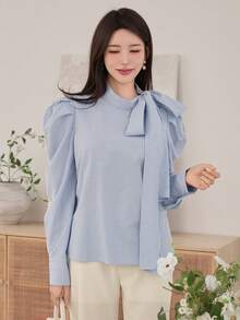 DAZY Women's Elegant Striped Petal Sleeve Tie Collar Blouse, Spring Summer - Blue - View 3