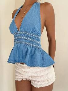 Aloruh Atasan Denim Halter Minimalis Warna Polos untuk Wanita, Cocok untuk Pemakaian Sehari-hari - Medium Wash - View 3