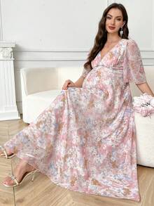SHEIN 孕妇优雅印花V领荷叶袖连衣裙，夏季 - 彩色 - 查看 1