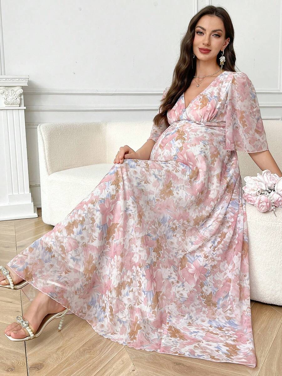 SHEIN 孕妇优雅印花V领荷叶袖连衣裙，夏季 - 彩色 - 查看 1