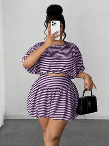 Maweii Plus Size Women's Vintage Party & Holiday Short Sleeve Top And Ruffle Mini Skirt 2-Piece Set - Purple - View 2