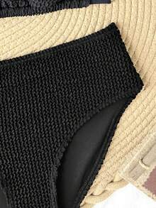 SHEIN Tween Girls Tankinis Knit Jacquard Textured Fabric With Metal Decorative Buckles, Solid Color Adjustable Spaghetti Strap Bikini Set, Includes Top And Bikini Bottoms, Suitable For Summer Beach Vacation.Tween Girl - Black - View 4