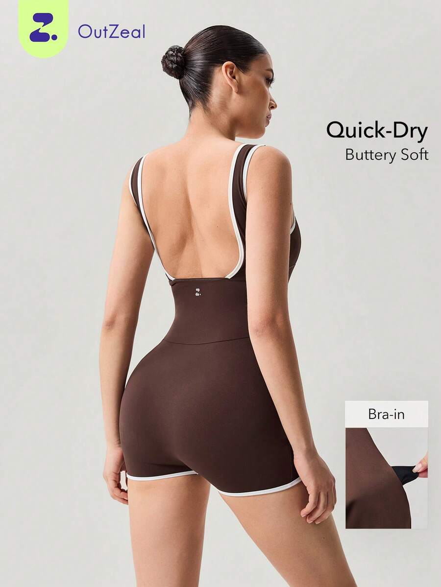 OutZeal Women Sports Jumpsuits Workout Gym Cycling Quick Drying Bra-In Square Neck - Coffee Brown - View 1