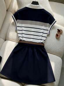SHEIN Franclia Women's Spring/Summer Commuting & Casual Outfit, Collared Striped Print Button-Front Short Sleeve Top And Solid Color Pleated A-Line Skirt Set - Navy Blue - View 2