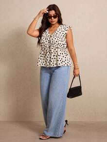 Elaquor Plus Size Women Polka Dot Tie Ruched Casual Versatile Daily Wear Shirt Casual Vacation Polka Dot Blouse For Women - Apricot - View 5