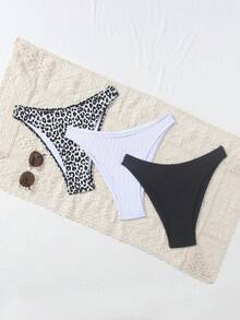 Swim Vcay 3件套女士黑白豹纹泳衣套装，纹理面料拼接，性感时尚简约休闲百搭3件套泳装 - 彩色 - 查看 1