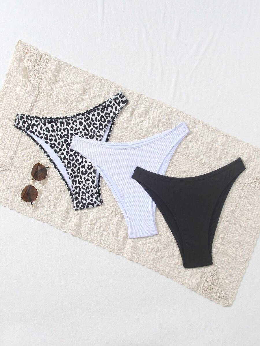 Swim Vcay 3件套女士黑白豹纹泳衣套装，纹理面料拼接，性感时尚简约休闲百搭3件套泳装 - 彩色 - 查看 1