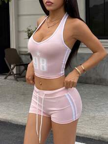 valorelle valorelle Conjunto de top de tirantes y shorts con estampado y color contrastante para mujer - Rosa - Ver 4
