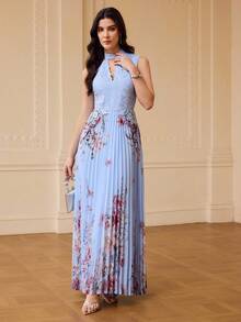 ZEYLAH Elegant Sexy Romantic Placement Print Pleated Waist Fitted Dress, Spring/Summer Golf Pastal - Aqua Blue - View 4